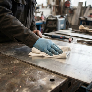 Mann bereitet Aluminium schweißen mit einem Wischtuch vor